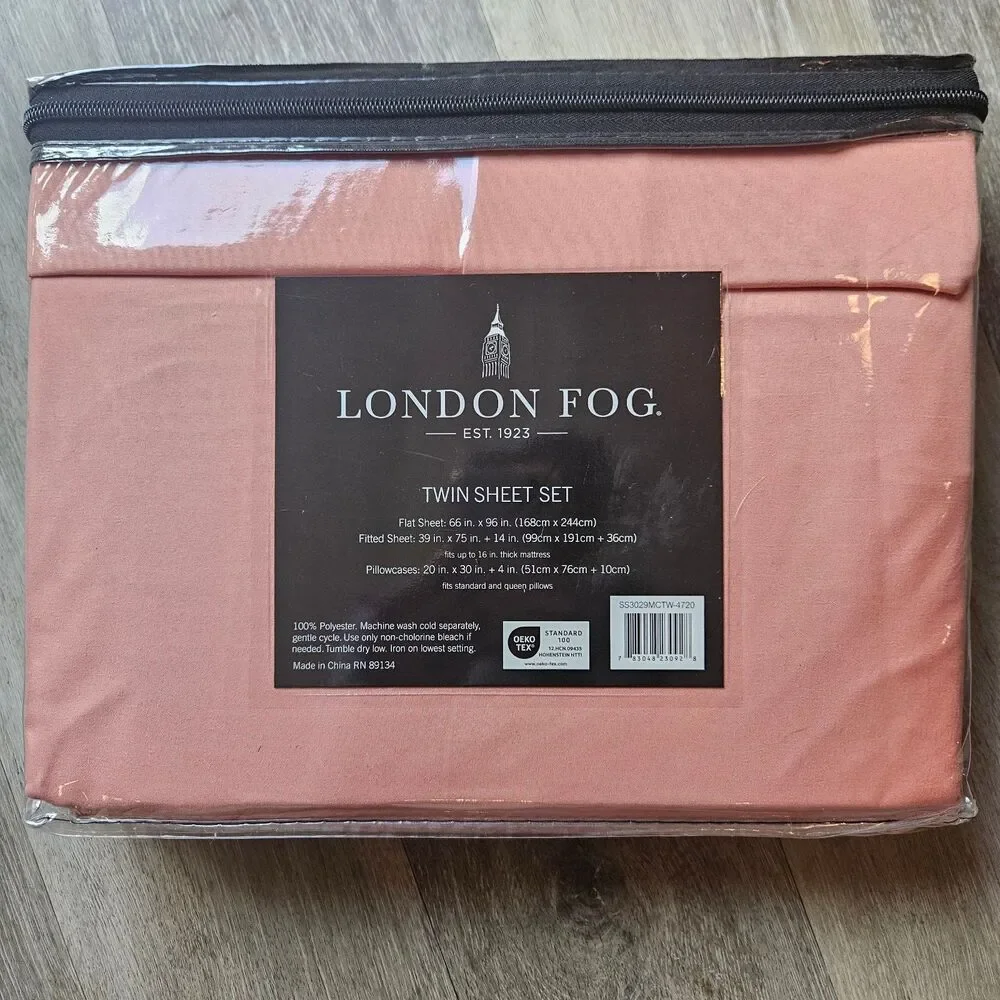 London Fog Twin Sheet Set 4 Piece Salmon Pink Peach New Sealed Bedding